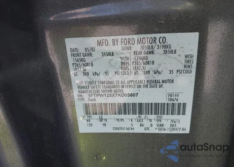 2007 Ford F-150 Lariat/Xlt z USA, uszkodzony, nr VIN 1FTPW125X7KD05807